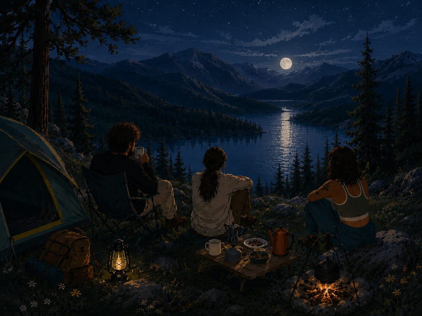 Ashraf, Valeria, and Lola, the Innerwild founders, at night under the moon