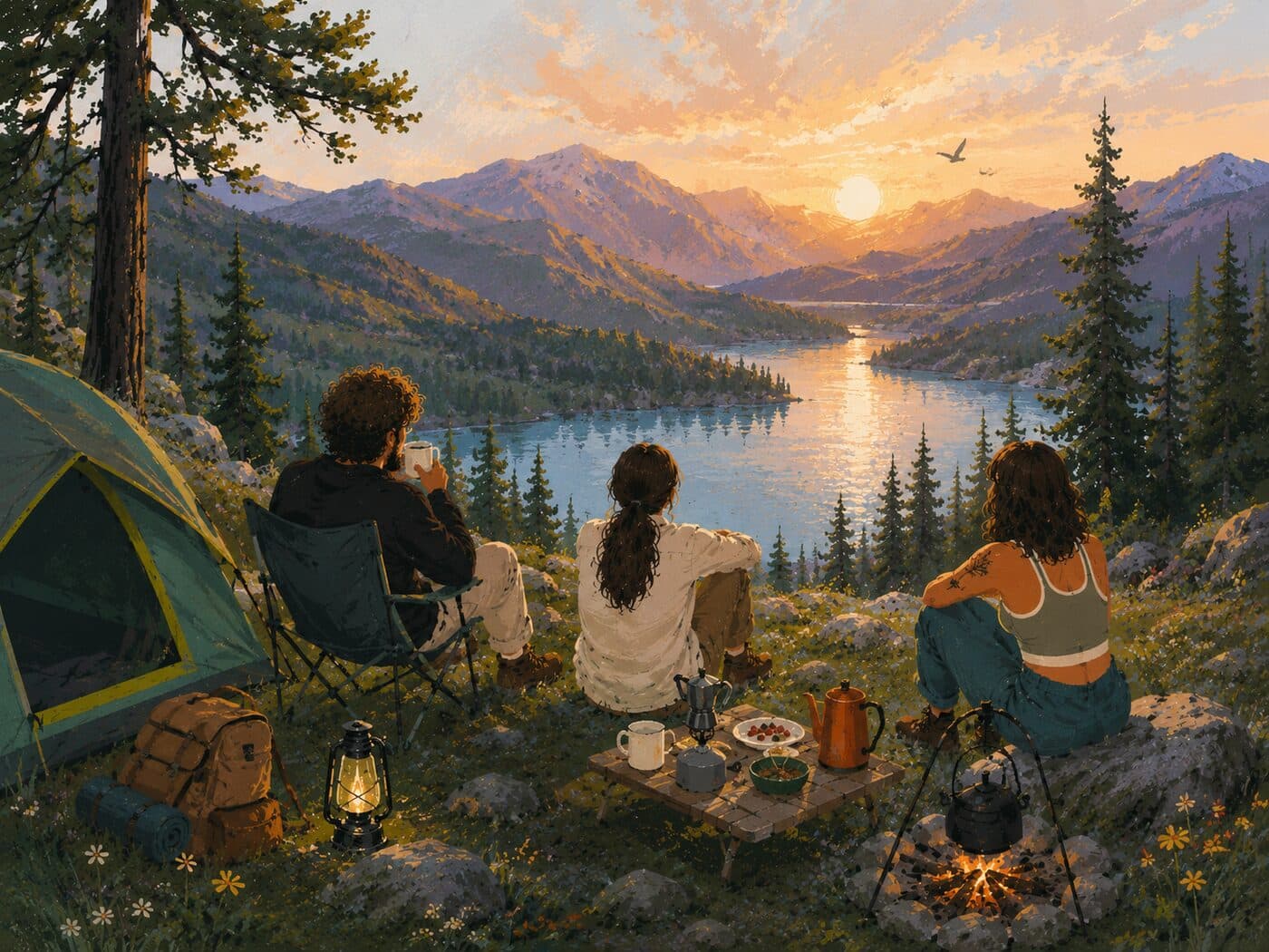 Ashraf, Valeria, and Lola, the Innerwild founders, at sunset over a mountain lake